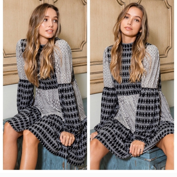 Gray and Black Boho Striped Bishop Sleeve Midi Dress - Picture 3 of 4